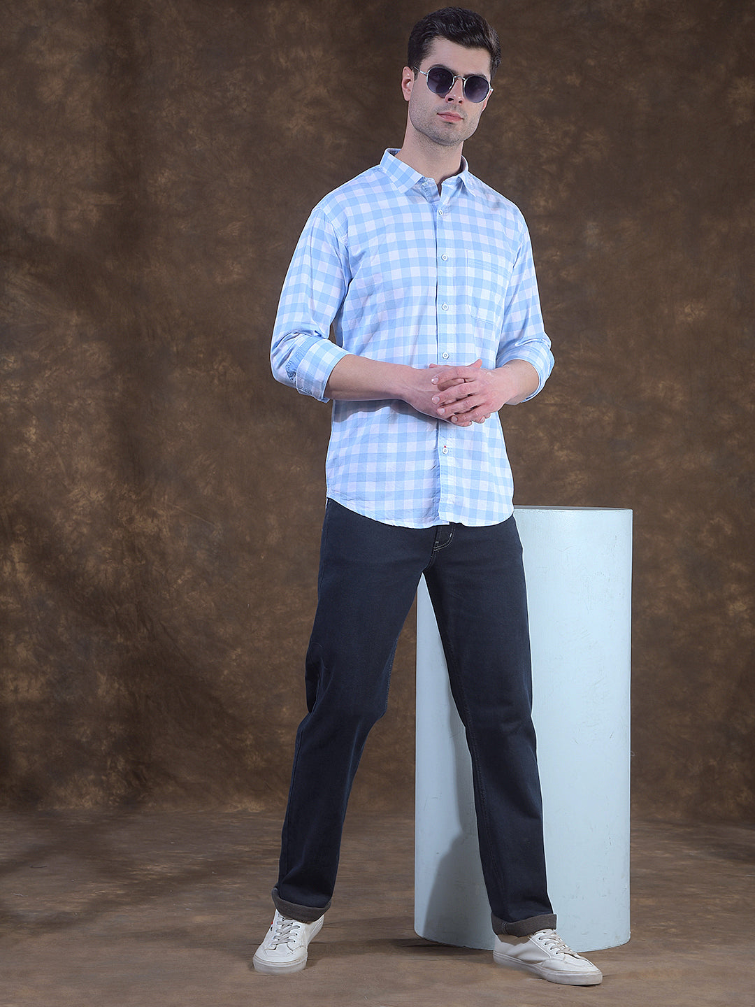 DONLAY SKY BLUE CHECKED SLIM-FIT CASUAL SHIRT