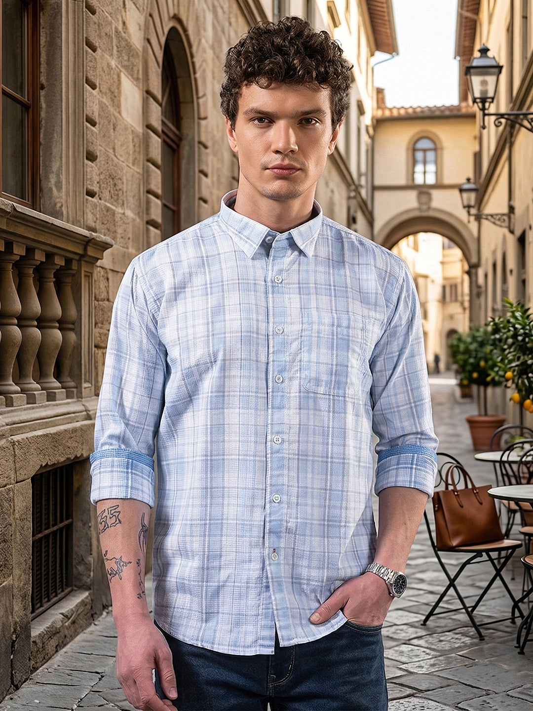 donlay sky blue checked slim-fit casual shirt