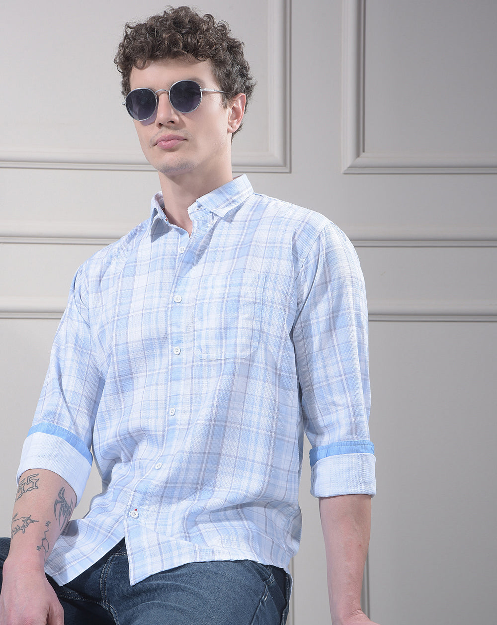 donlay sky blue checked slim-fit casual shirt