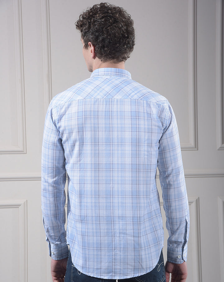 donlay sky blue checked slim-fit casual shirt
