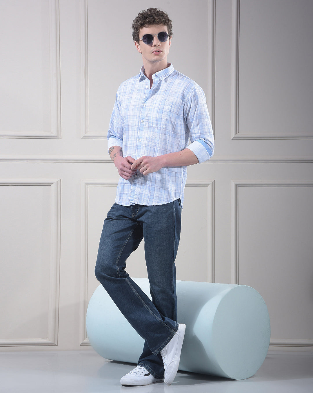 DONLAY SKY BLUE CHECKED SLIM-FIT CASUAL SHIRT