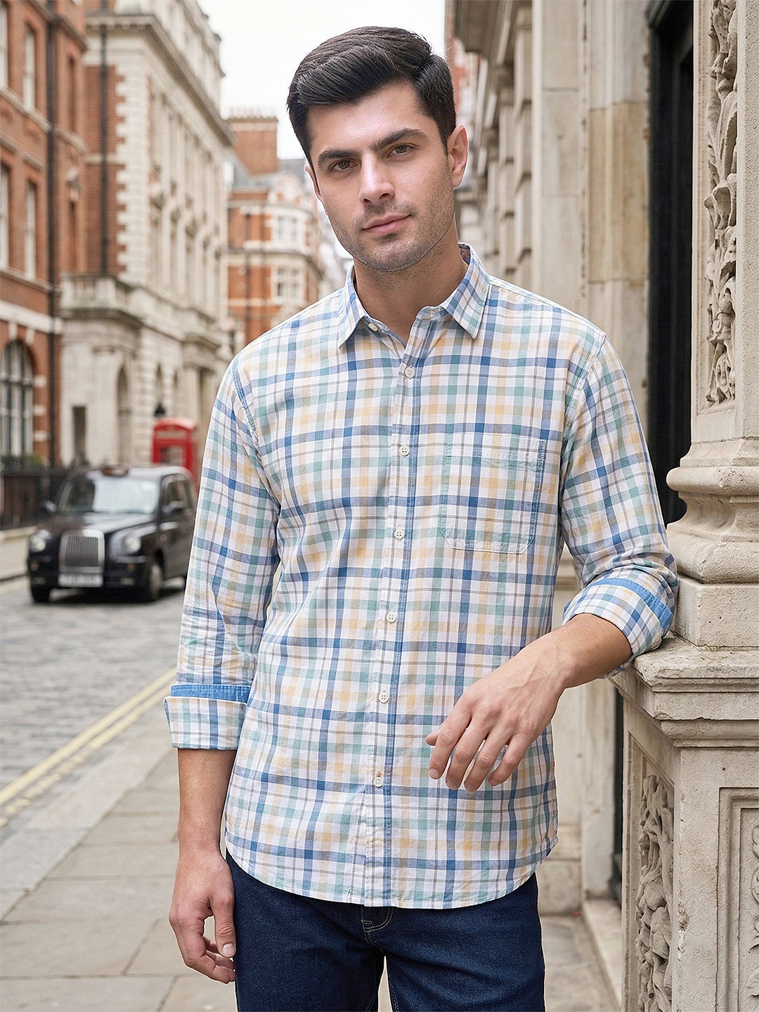 donlay green checked slim-fit casual shirt