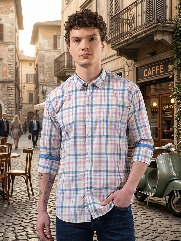donlay pink checked slim-fit casual shirt