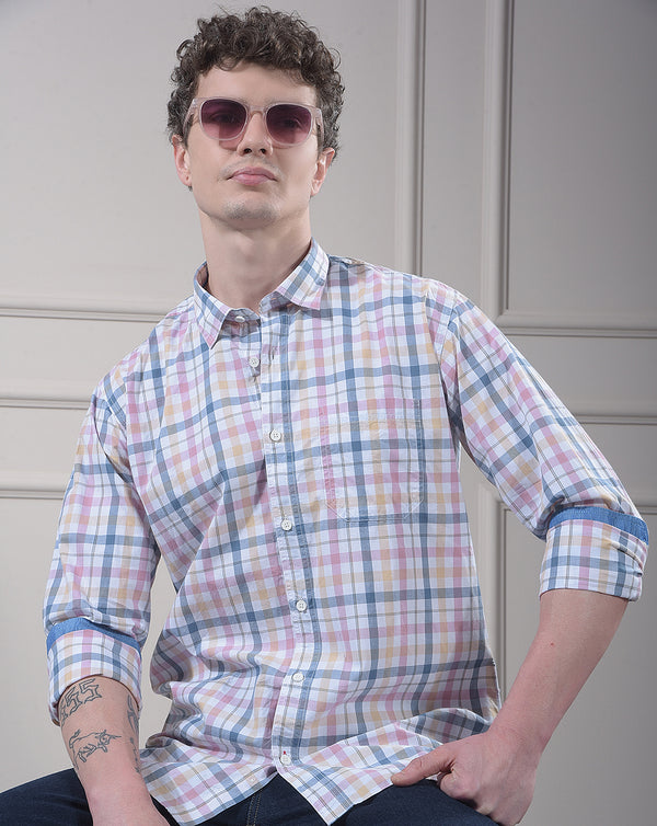 donlay pink checked slim-fit casual shirt