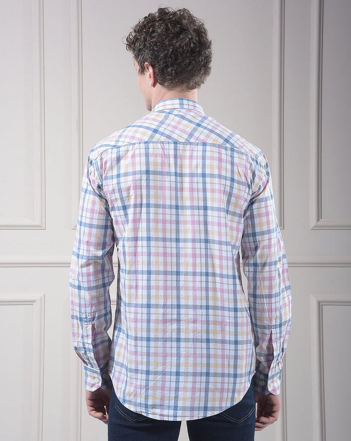 donlay pink checked slim-fit casual shirt