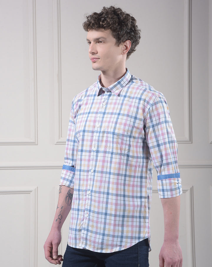 donlay pink checked slim-fit casual shirt