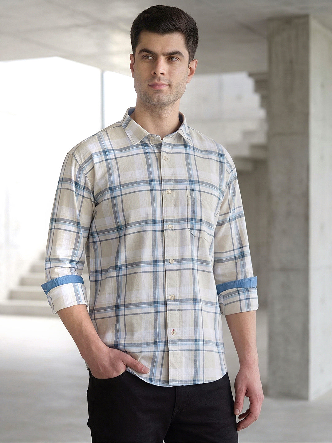 donlay blue checked slim-fit casual shirt
