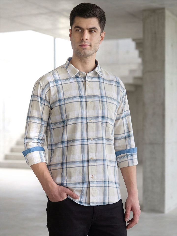 donlay blue checked slim-fit casual shirt