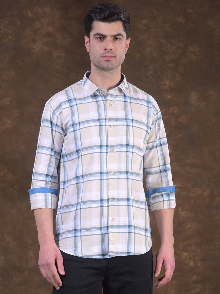 donlay blue checked slim-fit casual shirt