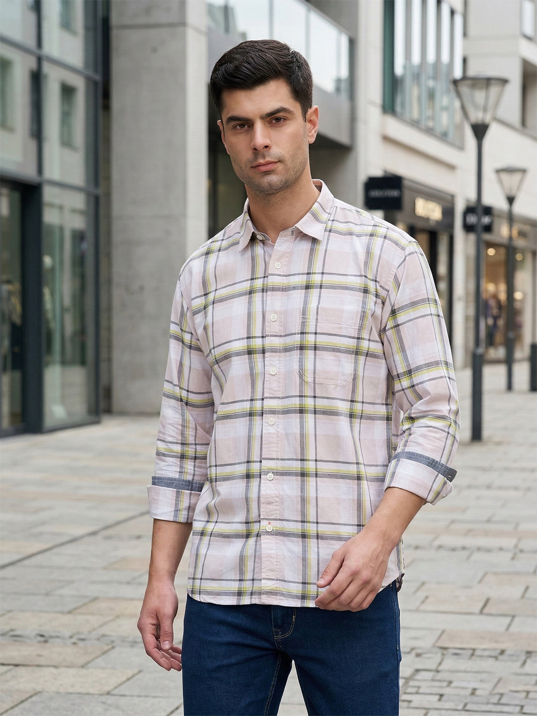 donlay men's green checked slim-fit casual shirt