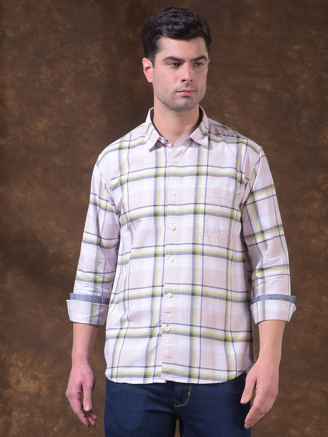 donlay men's green checked slim-fit casual shirt