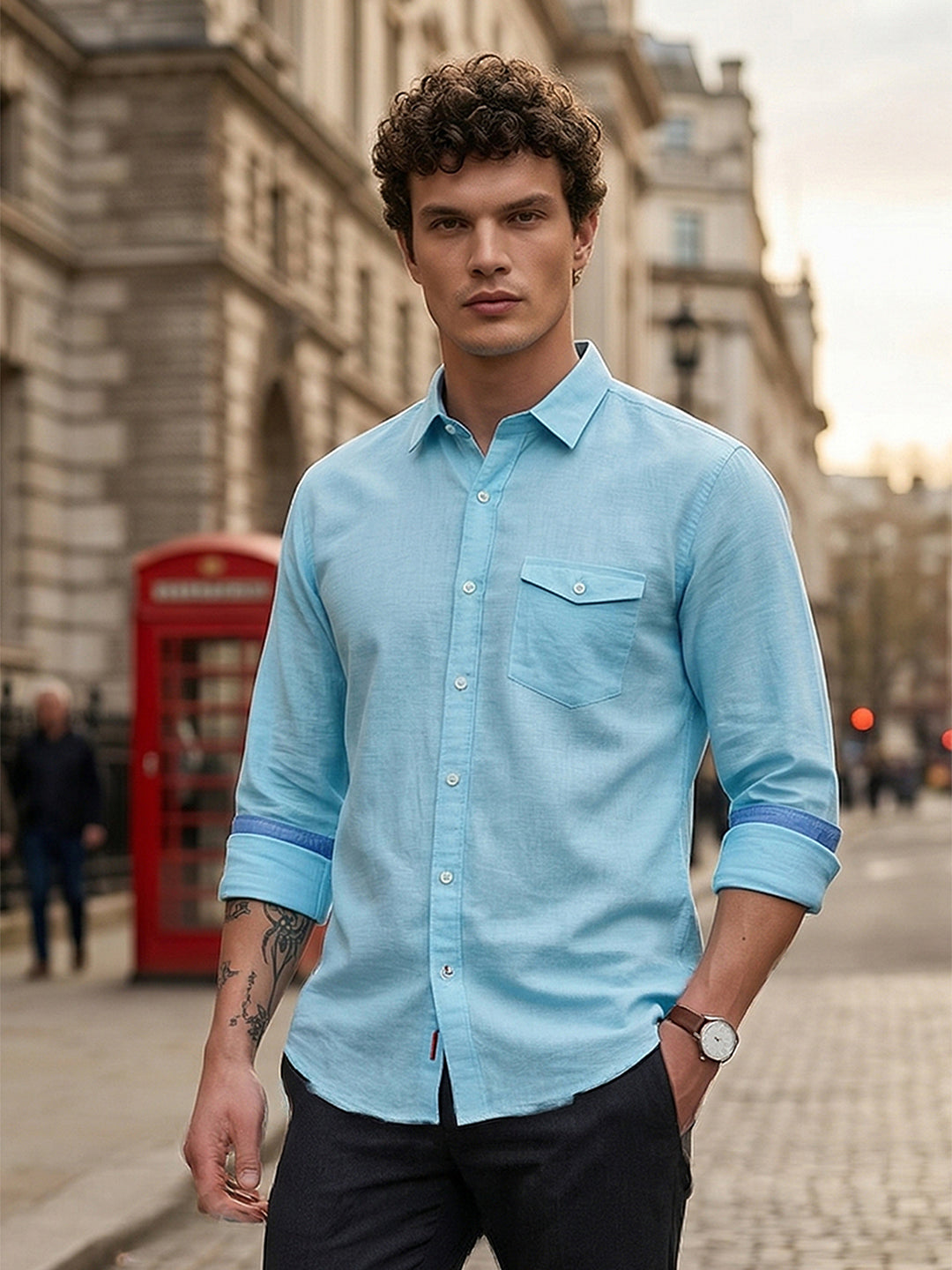 donlay turquoise solid slim-fit casual shirt
