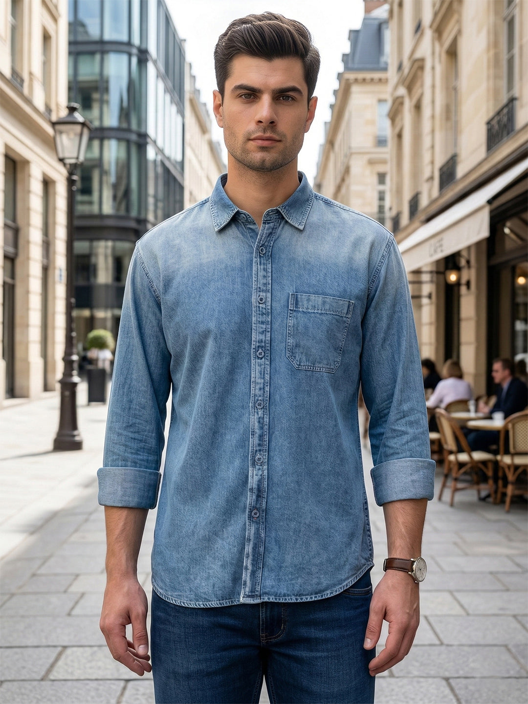 donlay light blue solid slim-fit casual shirt