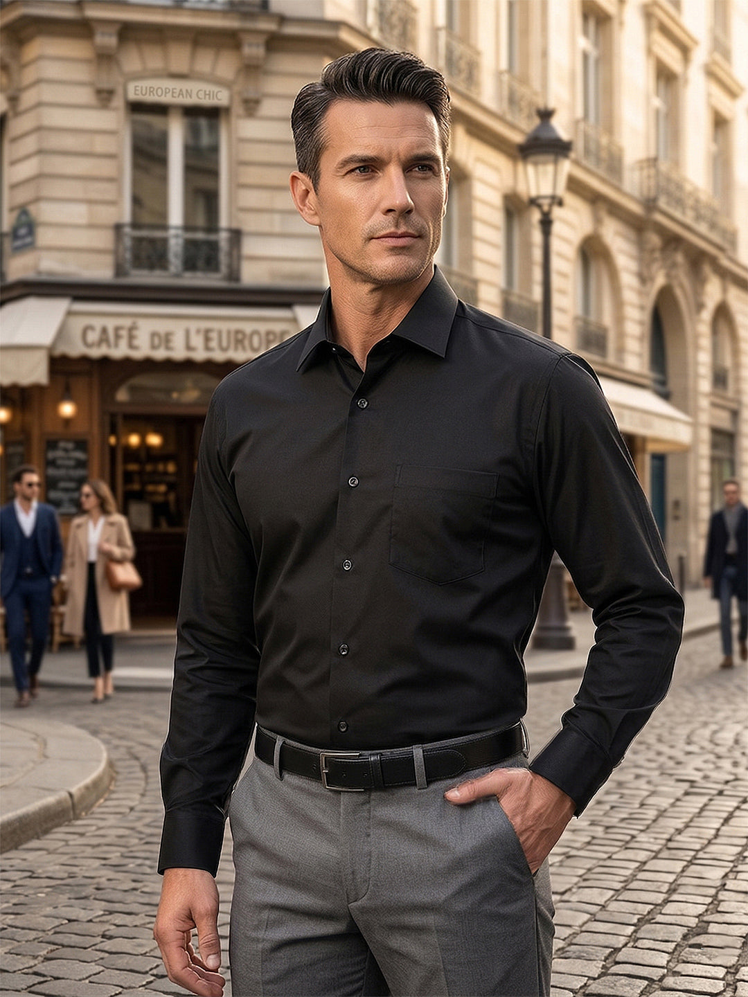 donlay black solid stretch-fit formal shirt