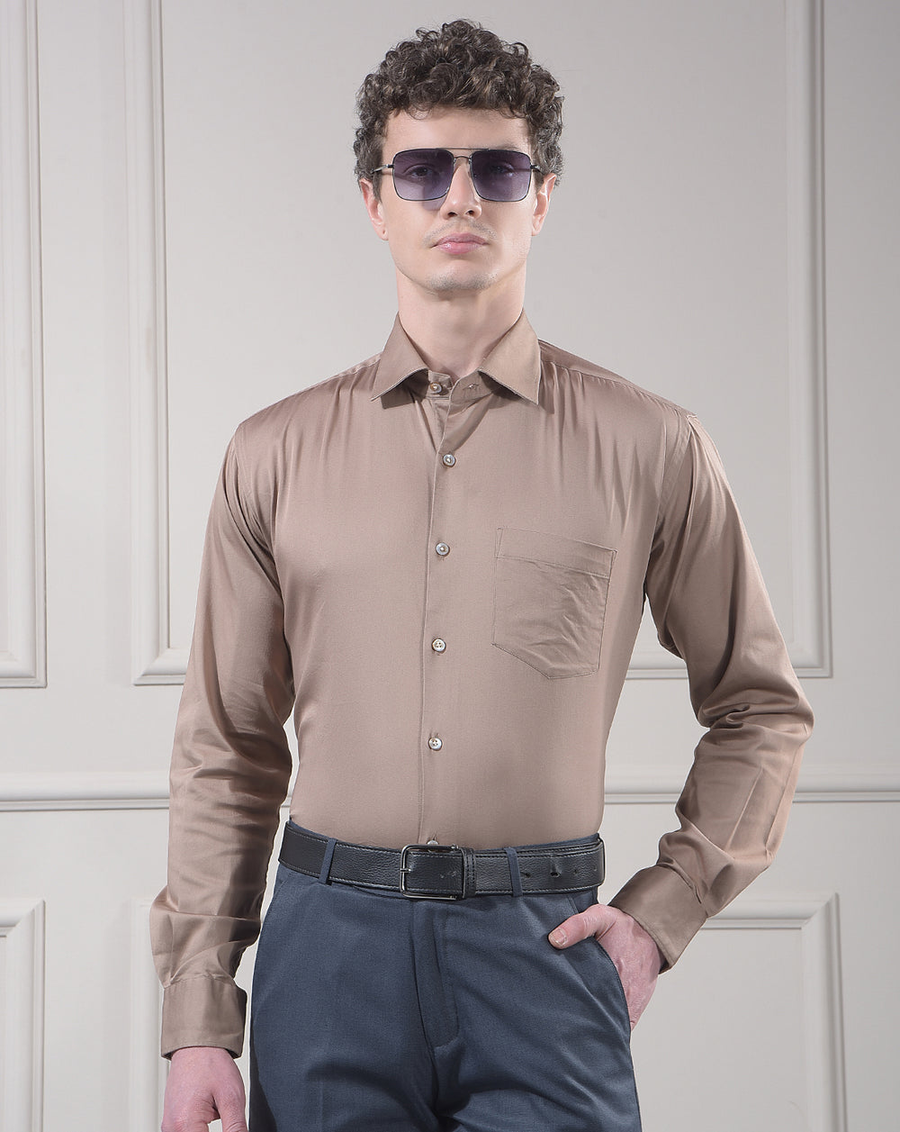 donlay brown solid stretch-fit formal shirt