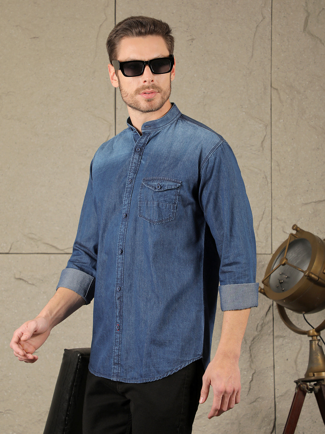 cobb solid denim blue slim fit band collar denim casual shirt