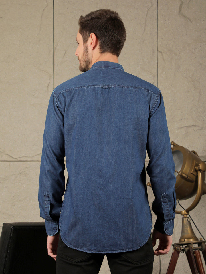 cobb solid denim blue slim fit band collar denim casual shirt