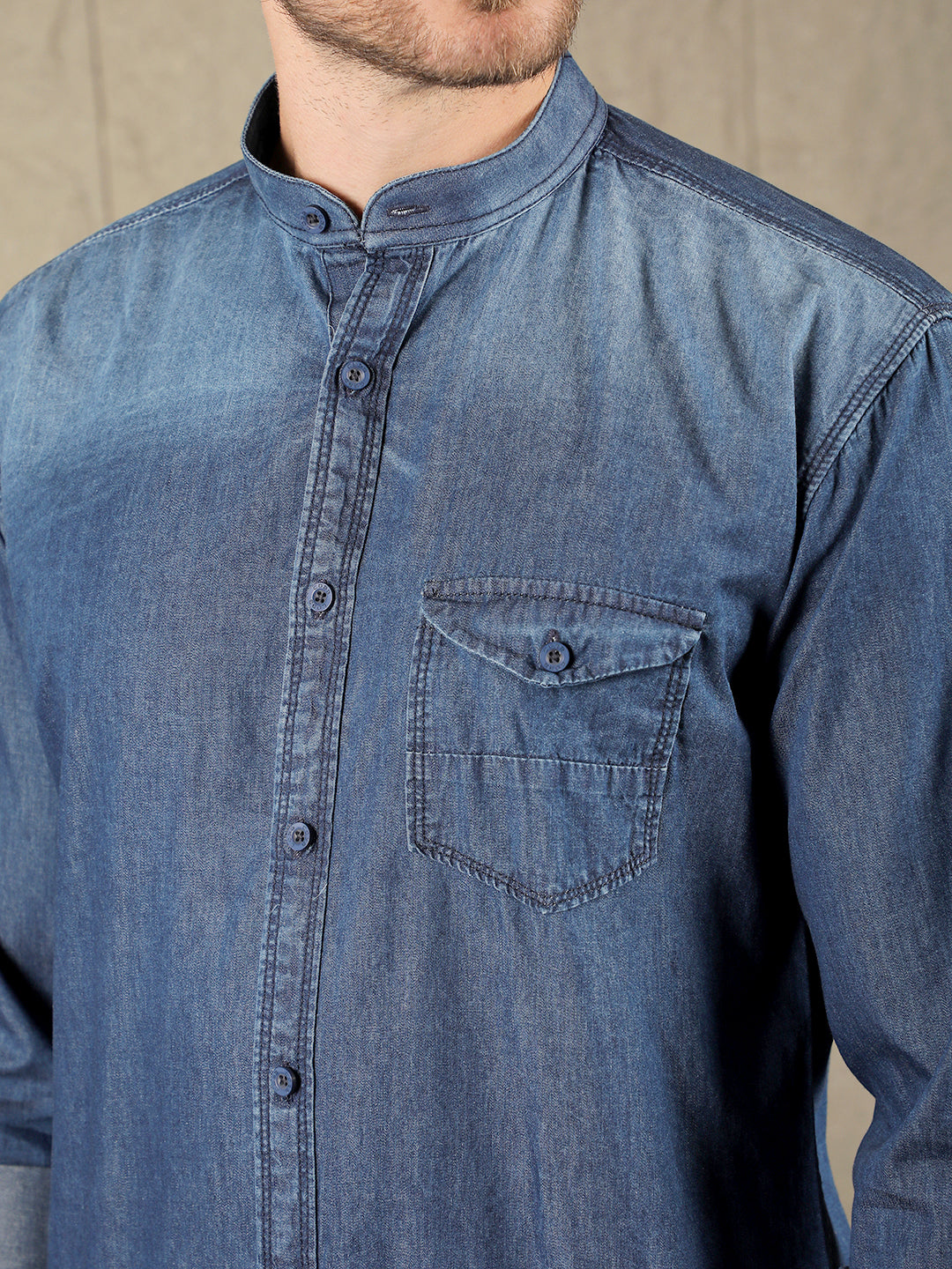 cobb solid denim blue slim fit band collar denim casual shirt