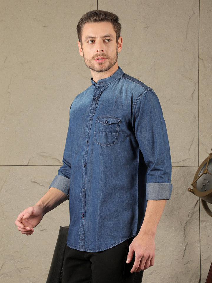 cobb solid denim blue slim fit band collar denim casual shirt