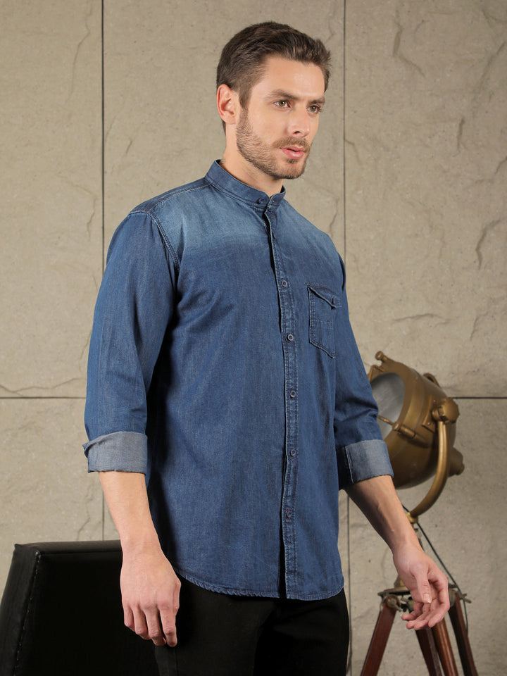 COBB SOLID DENIM BLUE SLIM FIT BAND COLLAR DENIM CASUAL SHIRT