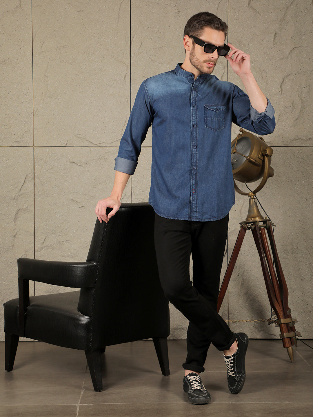 COBB SOLID DENIM BLUE SLIM FIT BAND COLLAR DENIM CASUAL SHIRT