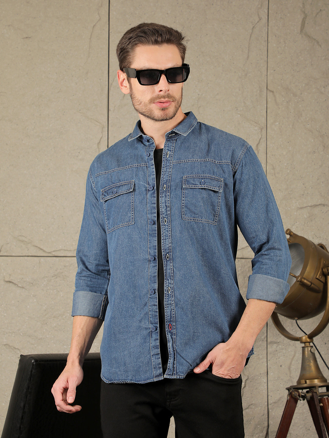 cobb solid blue slim-fit denim casual shirt