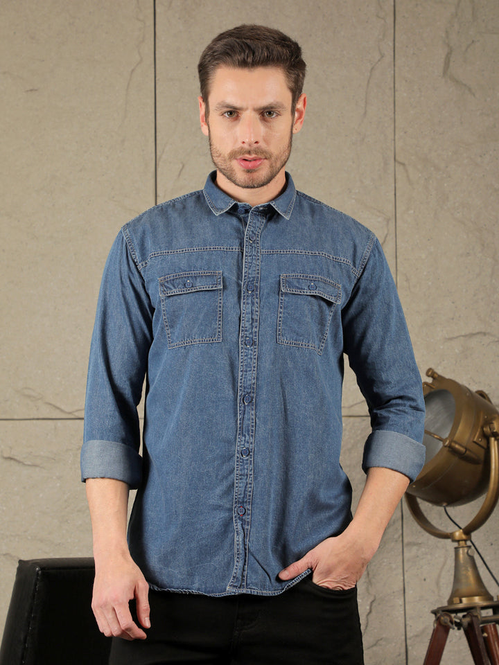 cobb solid blue slim-fit denim casual shirt