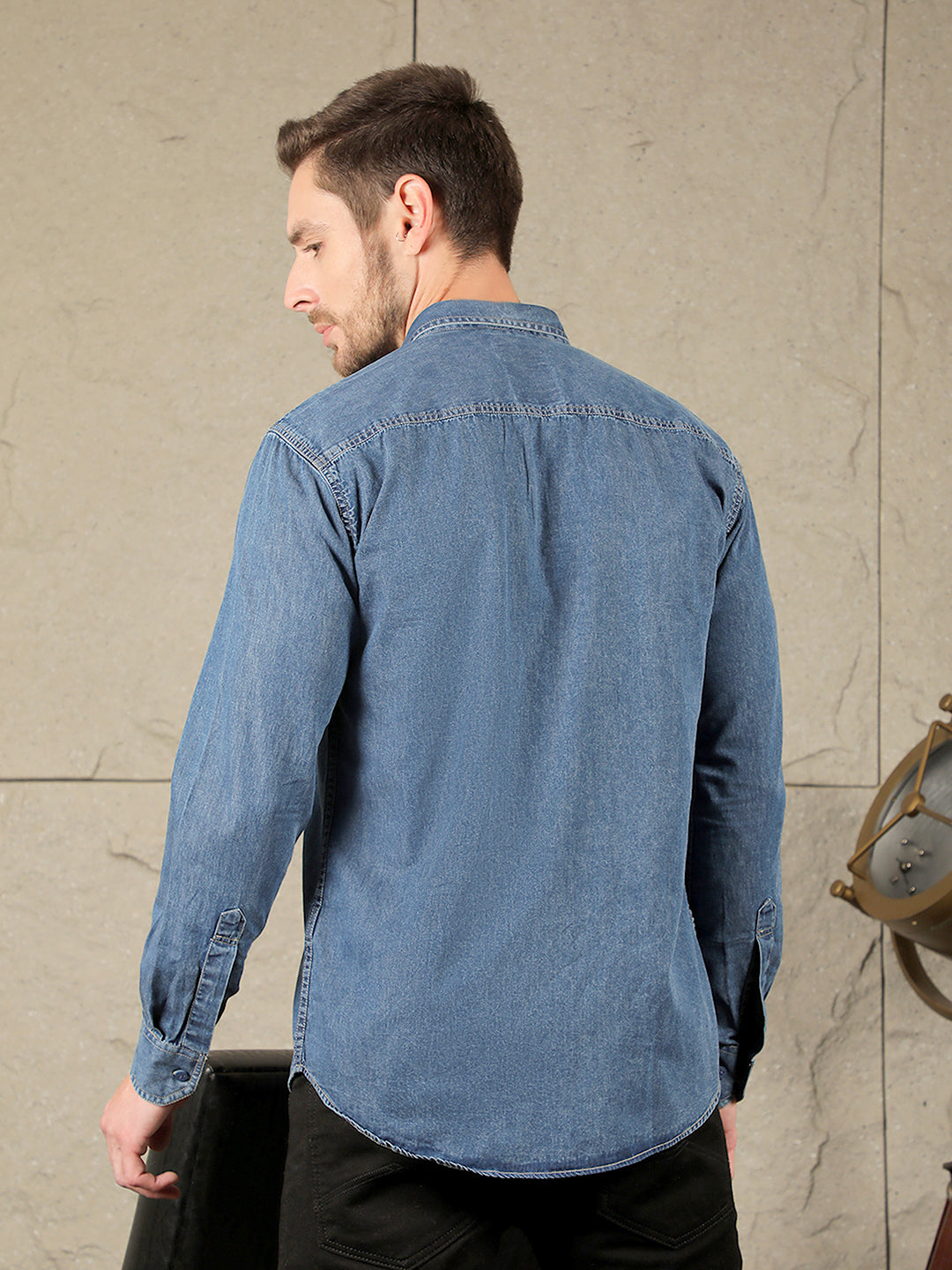 cobb solid blue slim-fit denim casual shirt