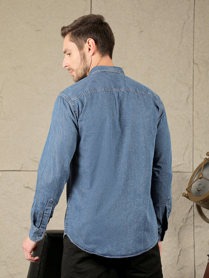 cobb solid blue slim-fit denim casual shirt