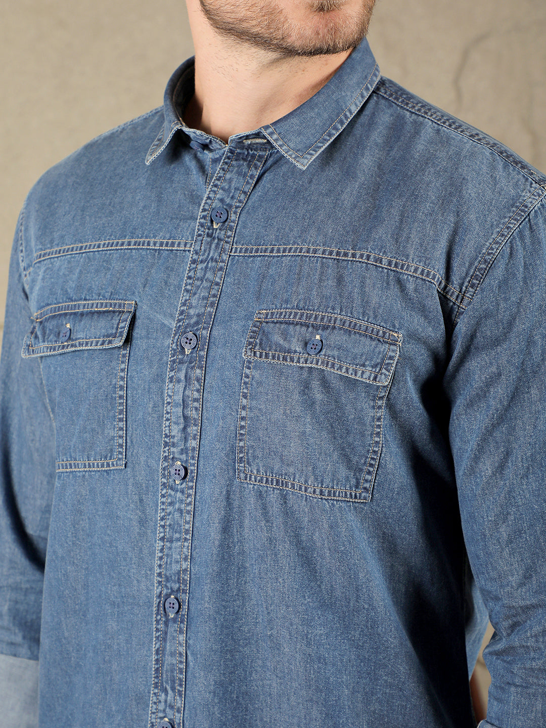 cobb solid blue slim-fit denim casual shirt