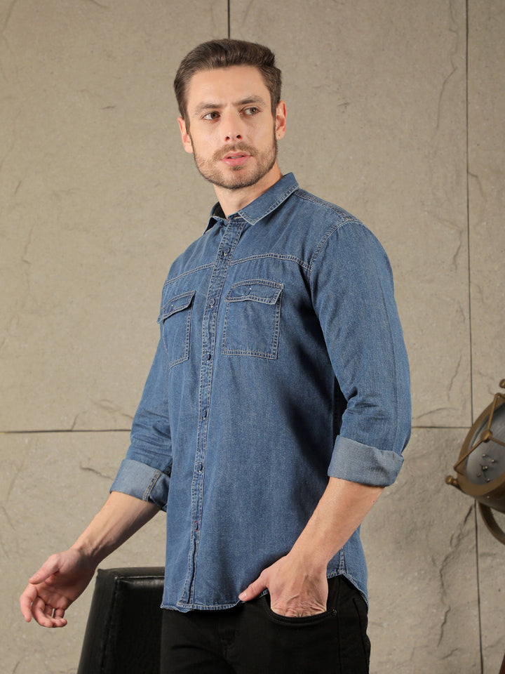 COBB SOLID BLUE SLIM-FIT DENIM CASUAL SHIRT