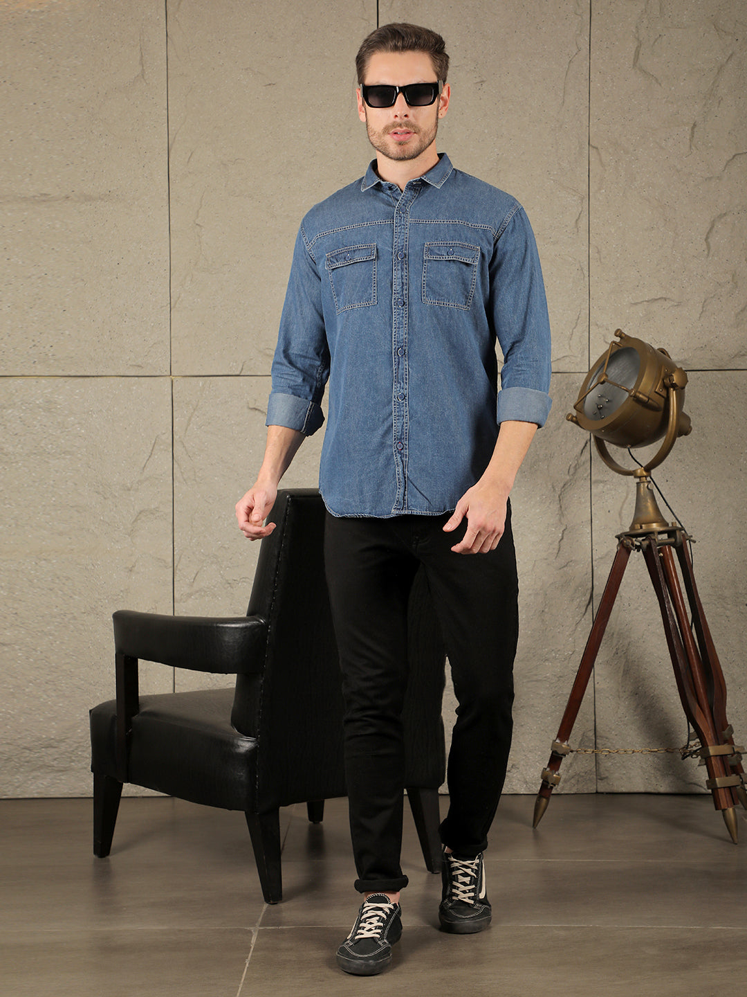 COBB SOLID BLUE SLIM-FIT DENIM CASUAL SHIRT