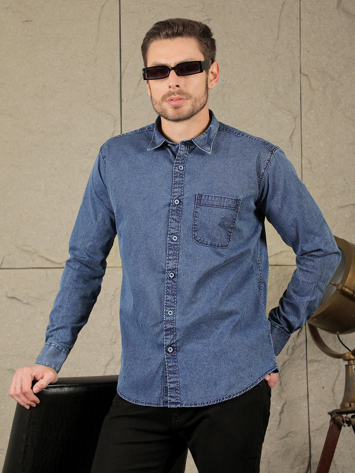 cobb solid blue slim-fit denim casual shirt