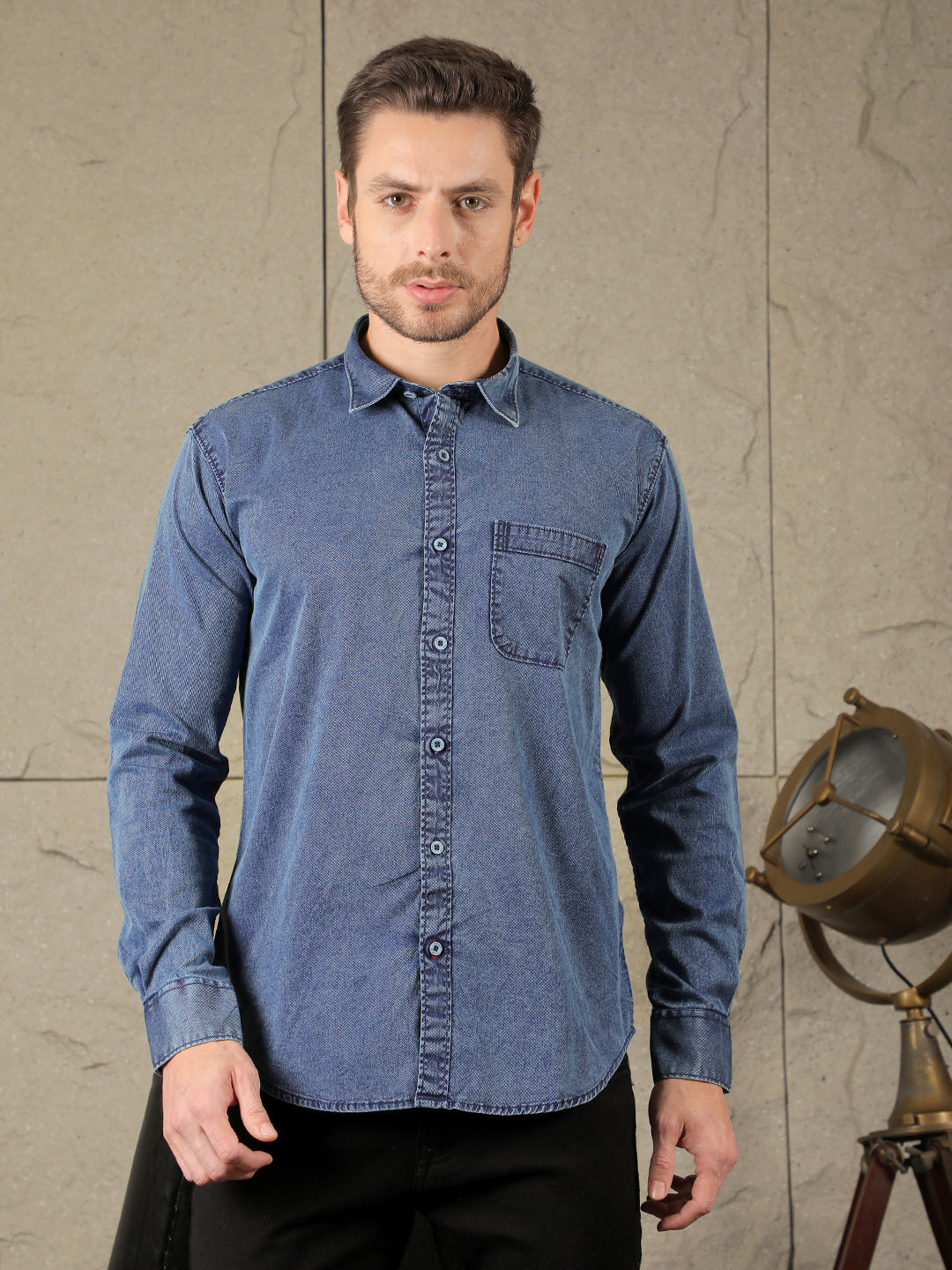 cobb solid blue slim-fit denim casual shirt