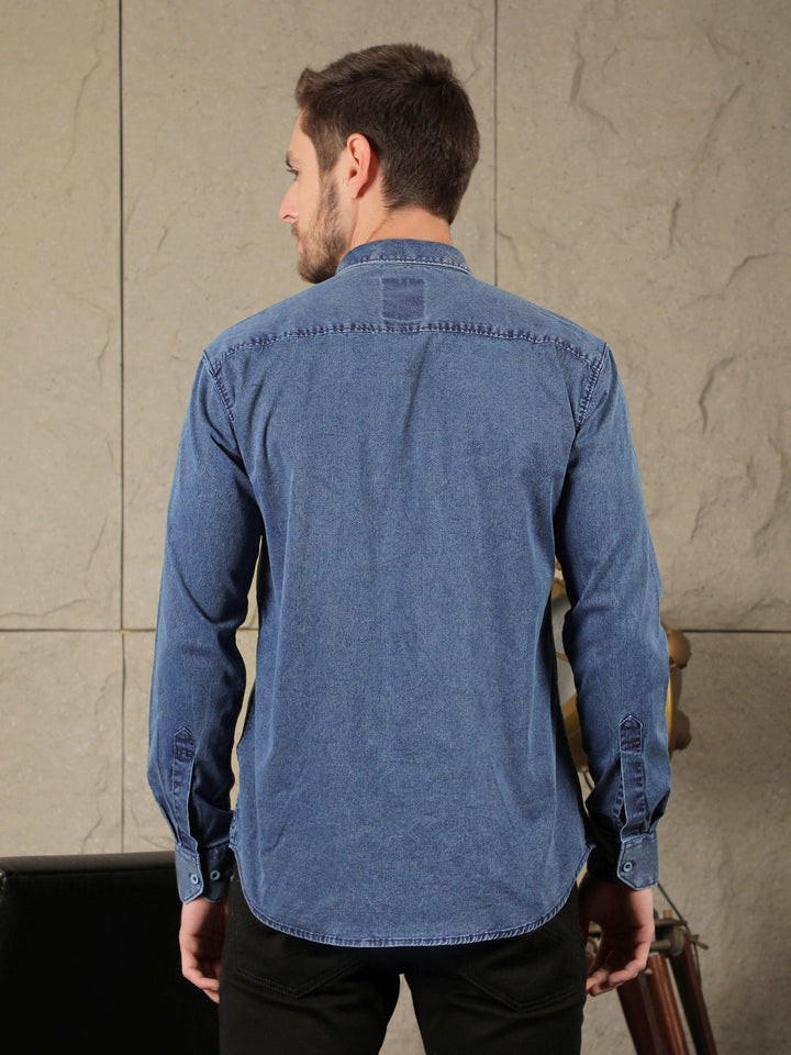 cobb solid blue slim-fit denim casual shirt