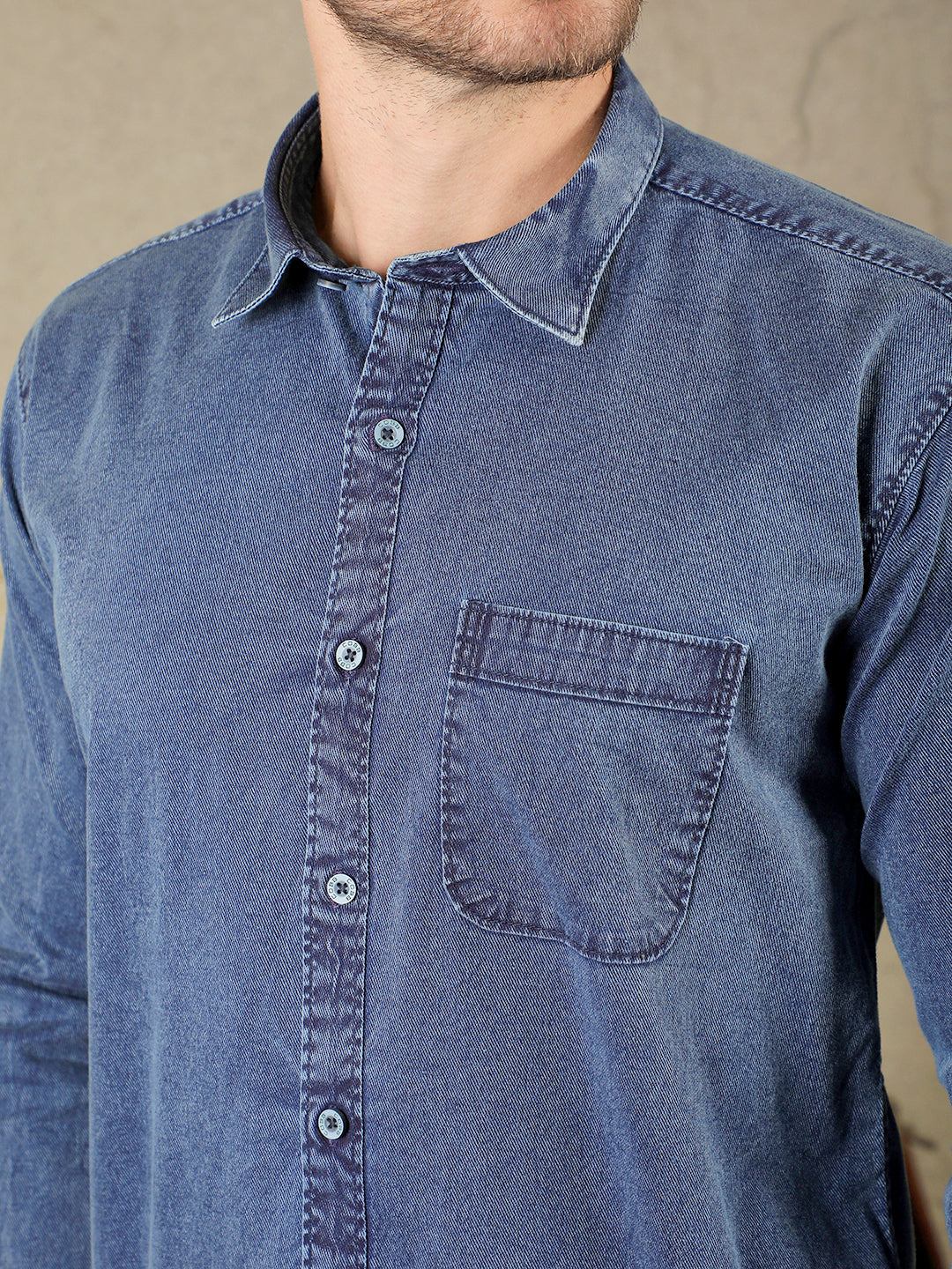 cobb solid blue slim-fit denim casual shirt