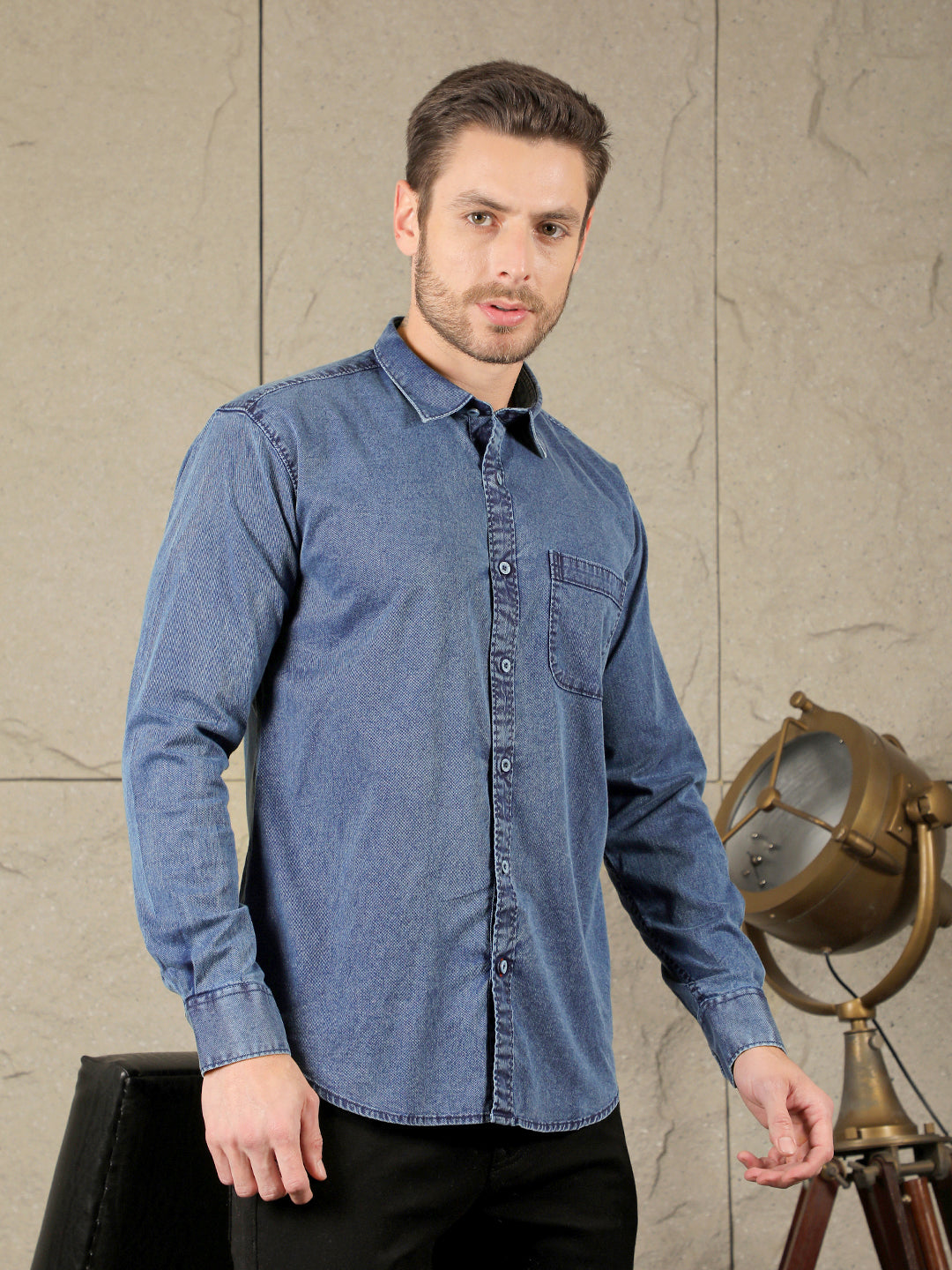 COBB SOLID BLUE SLIM-FIT DENIM CASUAL SHIRT