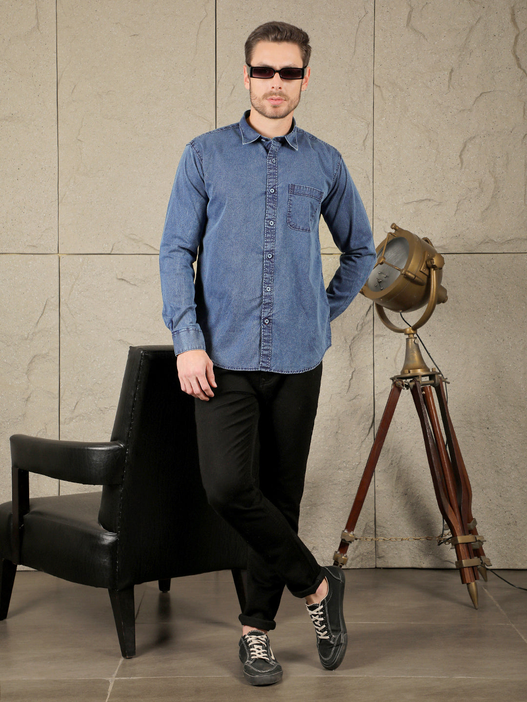 COBB SOLID BLUE SLIM-FIT DENIM CASUAL SHIRT