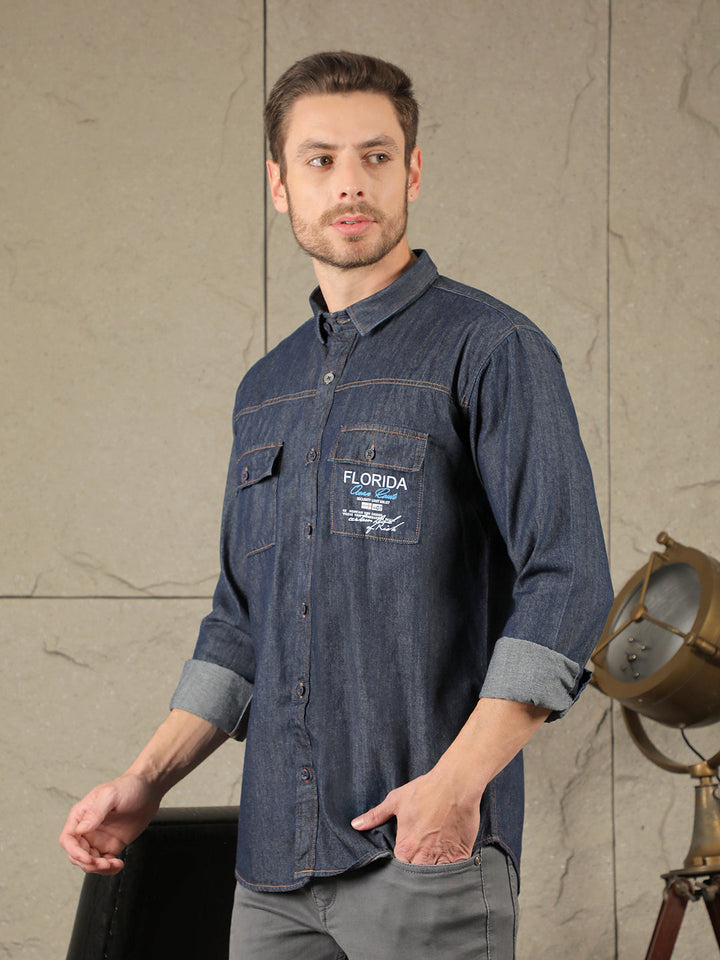 COBB DARK BLUE PRINTED SLIM-FIT DENIM CASUAL SHIRT