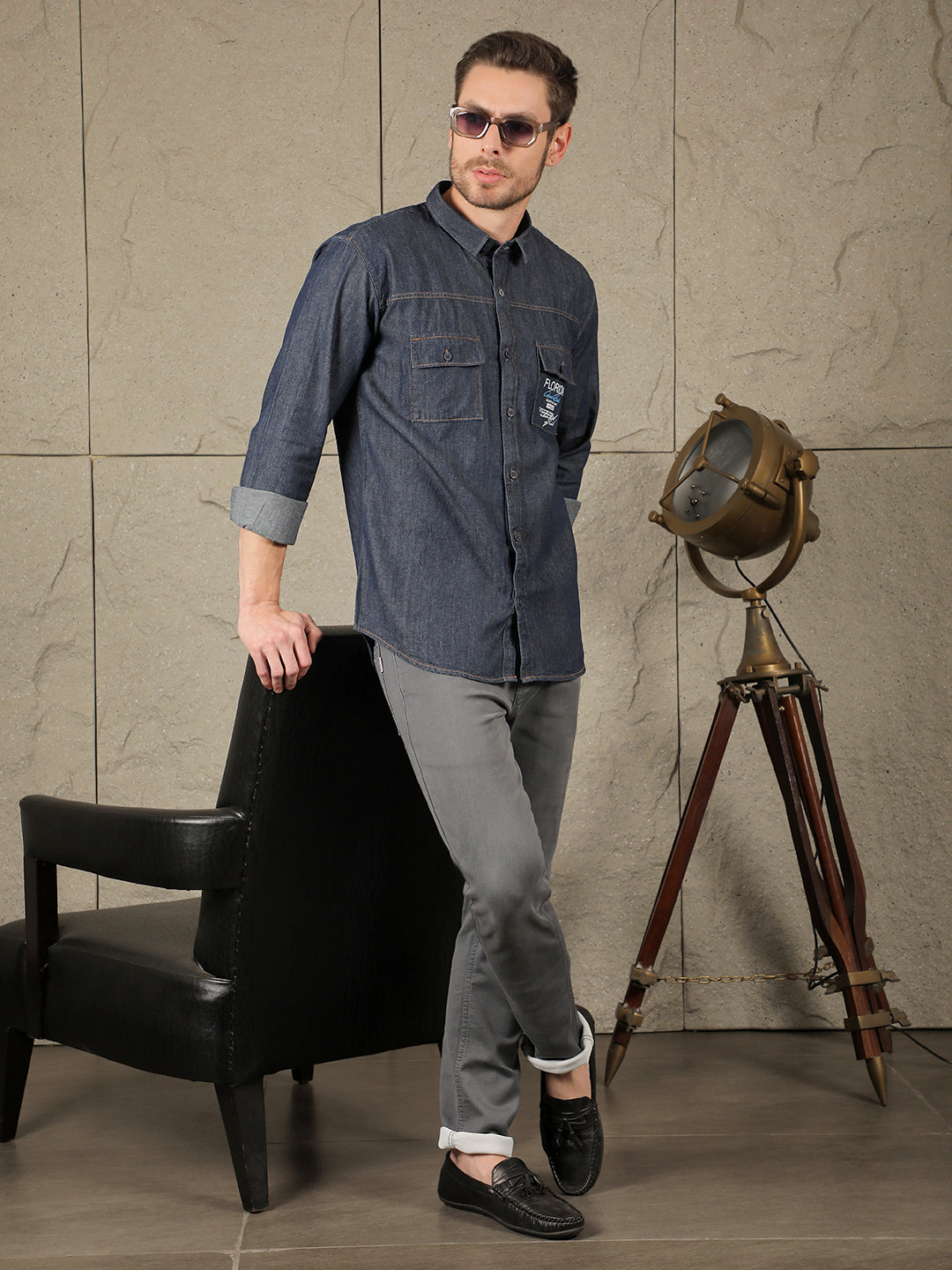 COBB DARK BLUE PRINTED SLIM-FIT DENIM CASUAL SHIRT