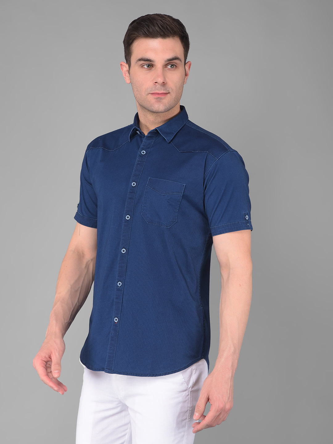 cobb solid navy blue half-sleeve stretch fit casual shirt