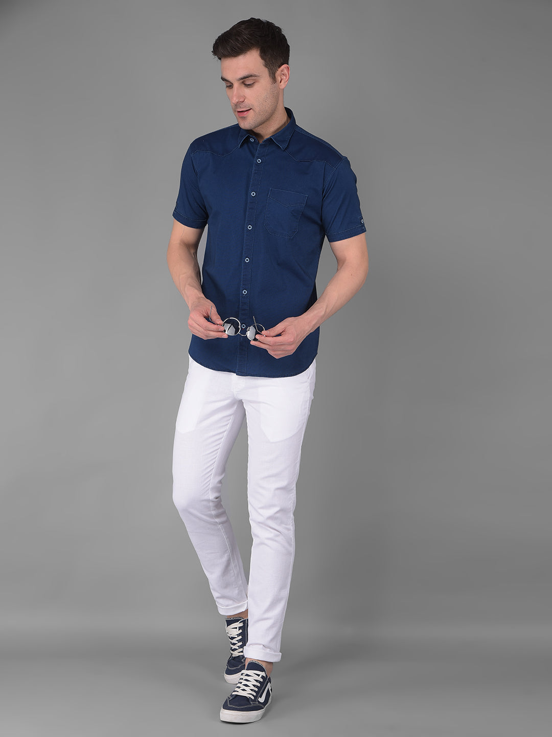 cobb solid navy blue half-sleeve stretch fit casual shirt