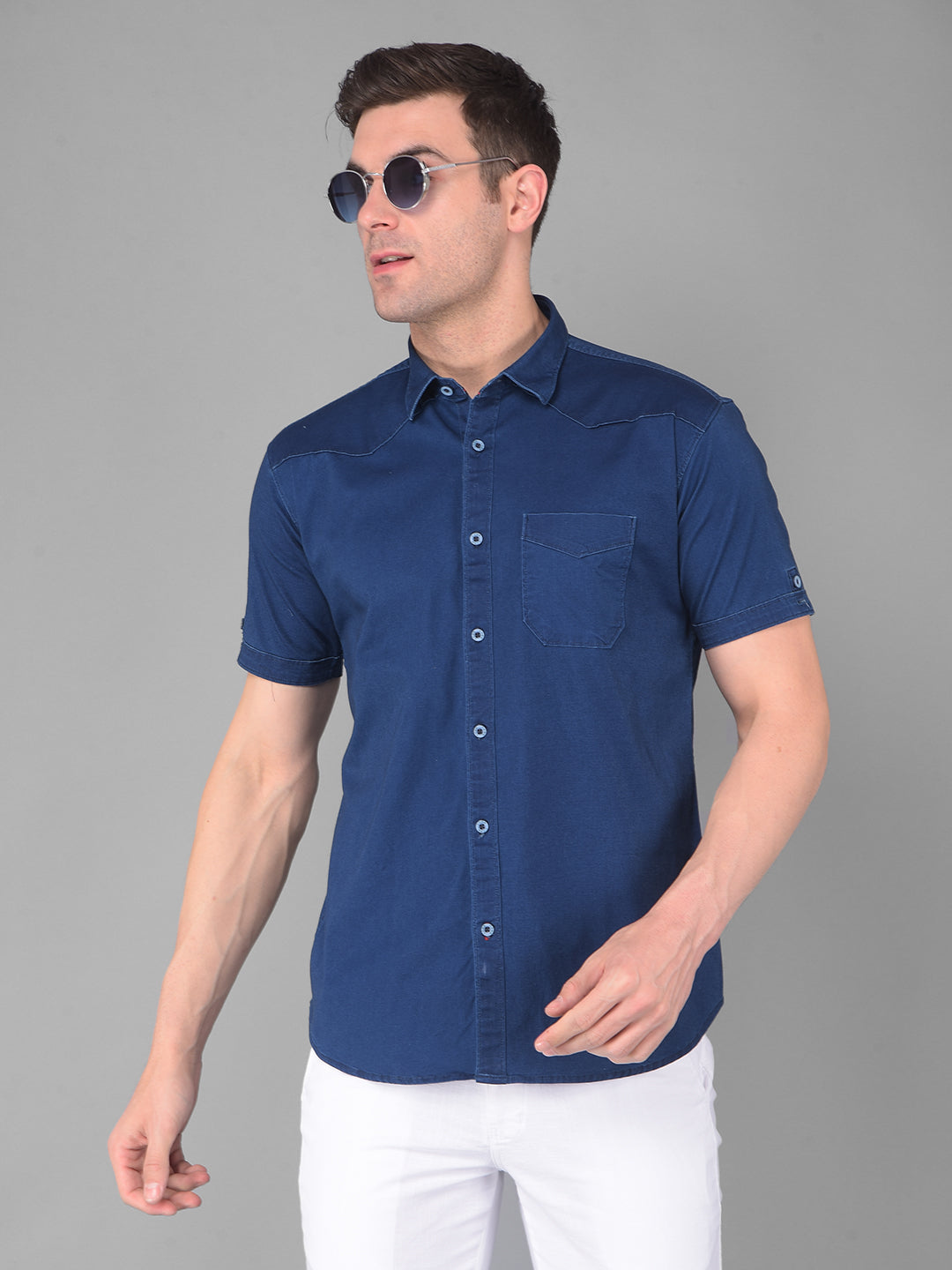 COBB SOLID NAVY BLUE HALF-SLEEVE STRETCH FIT CASUAL SHIRT