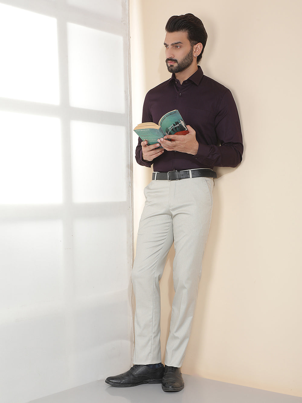 cobb beige solid ultra-fit formal trouser
