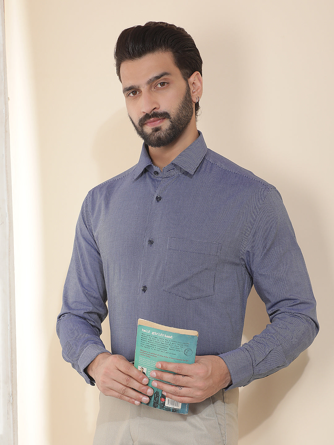 cobb navy blue solid smart-fit formal shirt