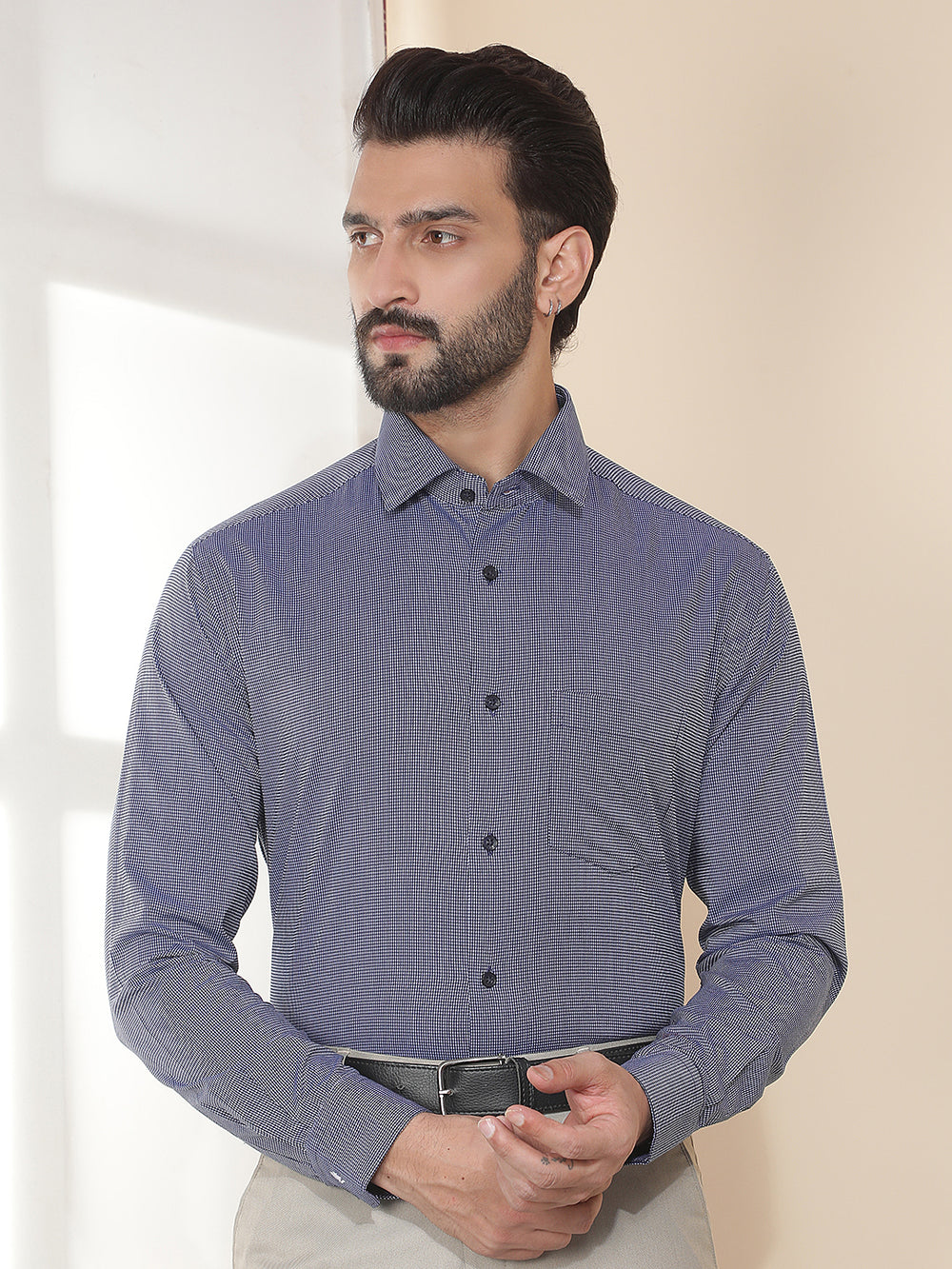 cobb navy blue solid smart-fit formal shirt
