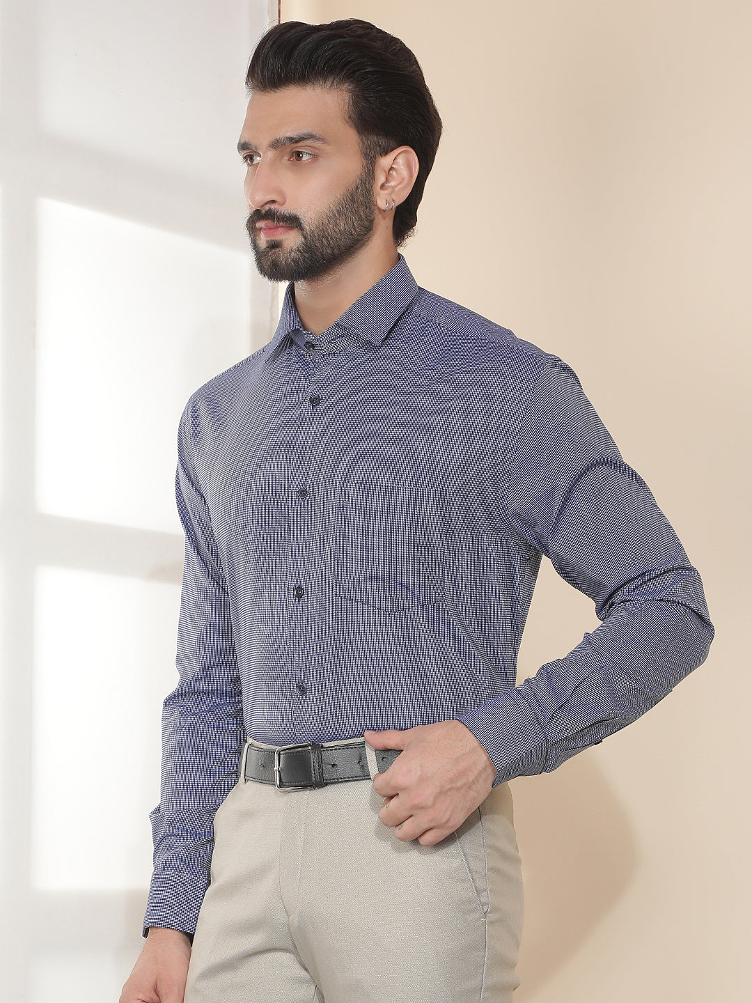 cobb navy blue solid smart-fit formal shirt