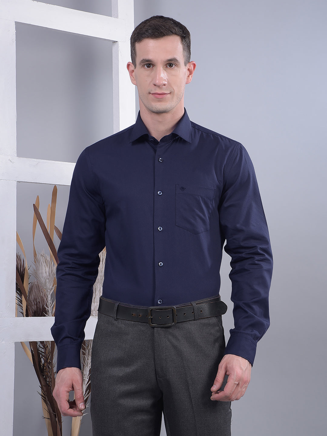 cobb navy blue self-design slim-fit formal shirt