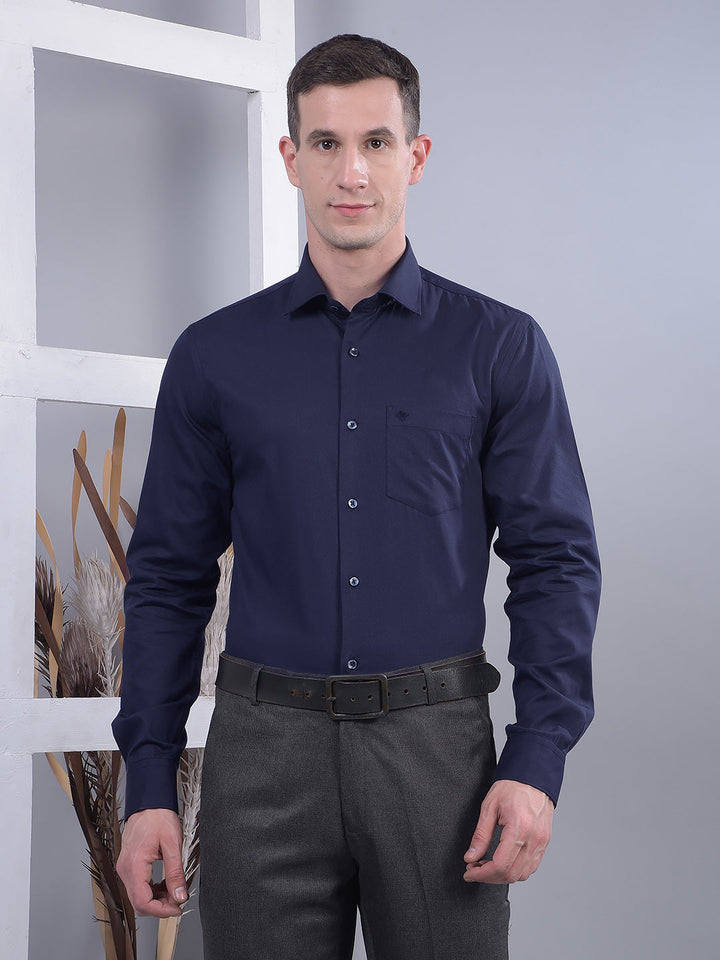 cobb navy blue self-design slim-fit formal shirt