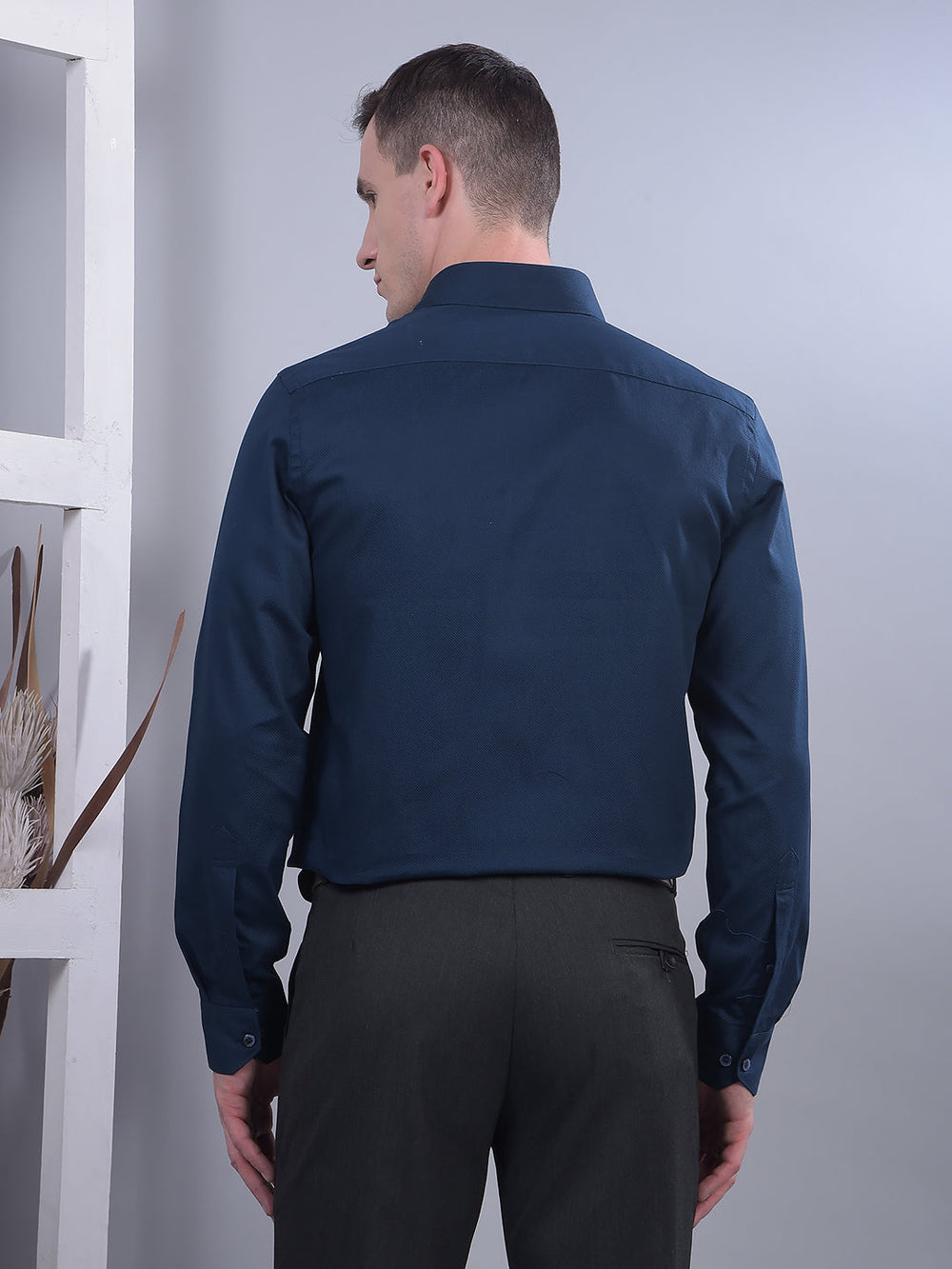 cobb teal blue self-design slim-fit formal shirt